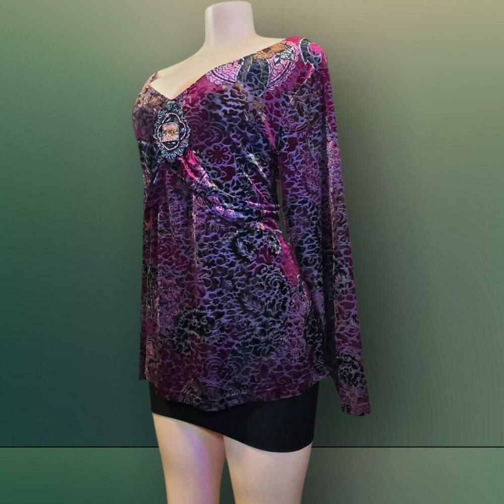 Vtg Susan Lawrence Paisley Velvet Empire Waist Top Plus 2X Whimsigoth